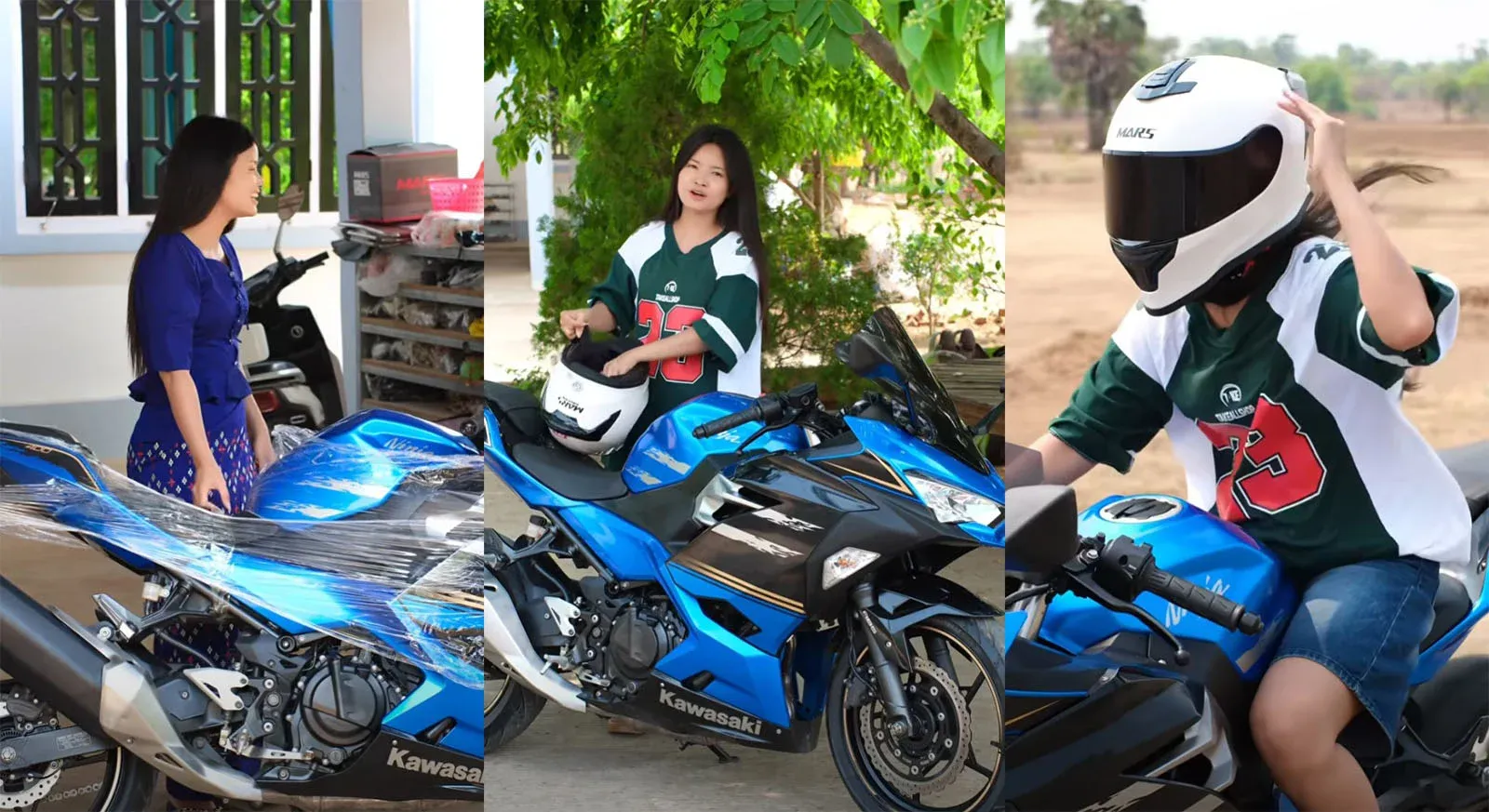 Video footage of Sally Phyu Phyu Htwe buying and driving a motorcycle worth six hundred thousand